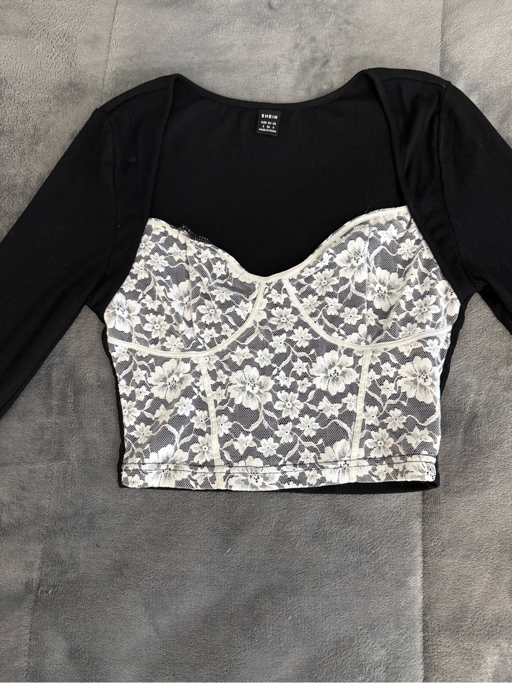 Black Long Sleeve Crop Top with White Floral Lace